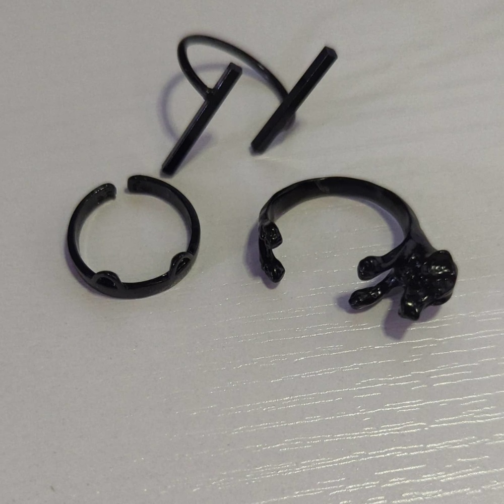 Dog And Cat 3 Piece‎ Ring Set Black Shiny Open Unisex Sizes 6 And 8